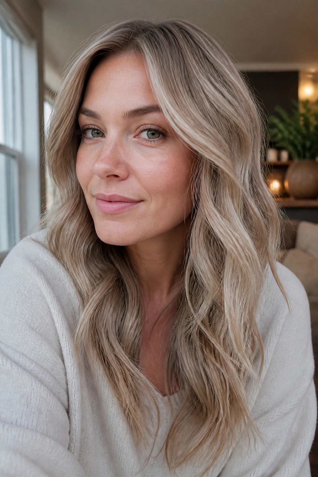Close-up portrait of a real woman with dusty blonde hair and a soft lived-in edge in natural window light