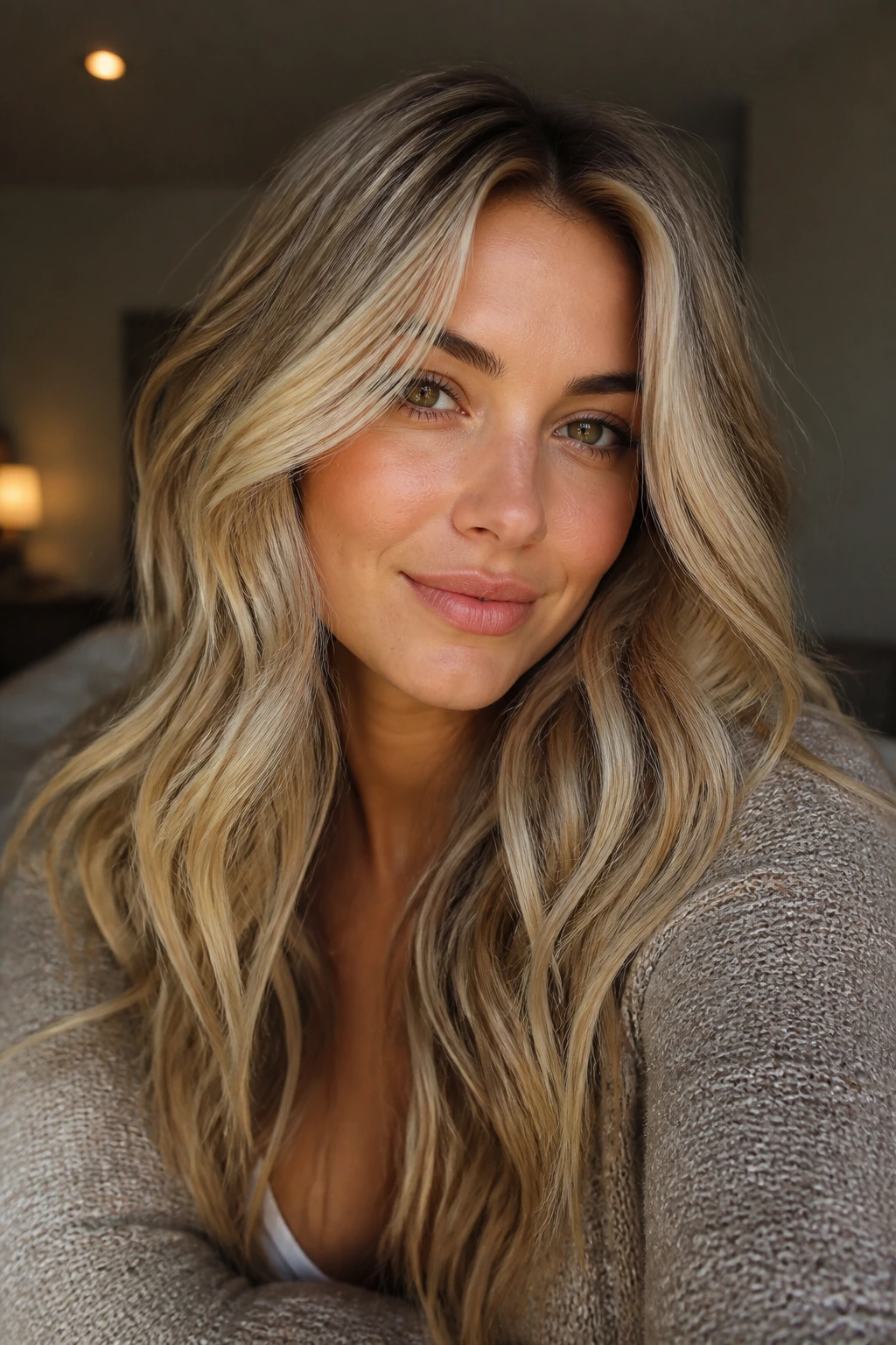 Close-up portrait of a real woman with dusty blonde hair and lowlights in warm light.