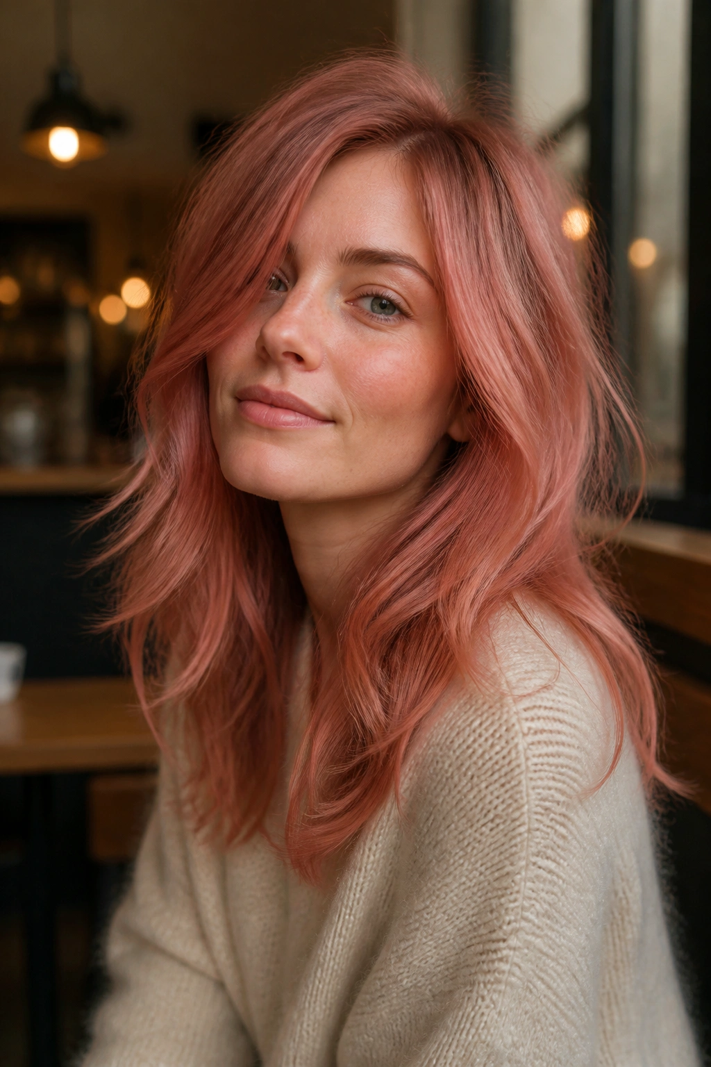 Close-up of a real woman's hair with a muted dusty coral glaze