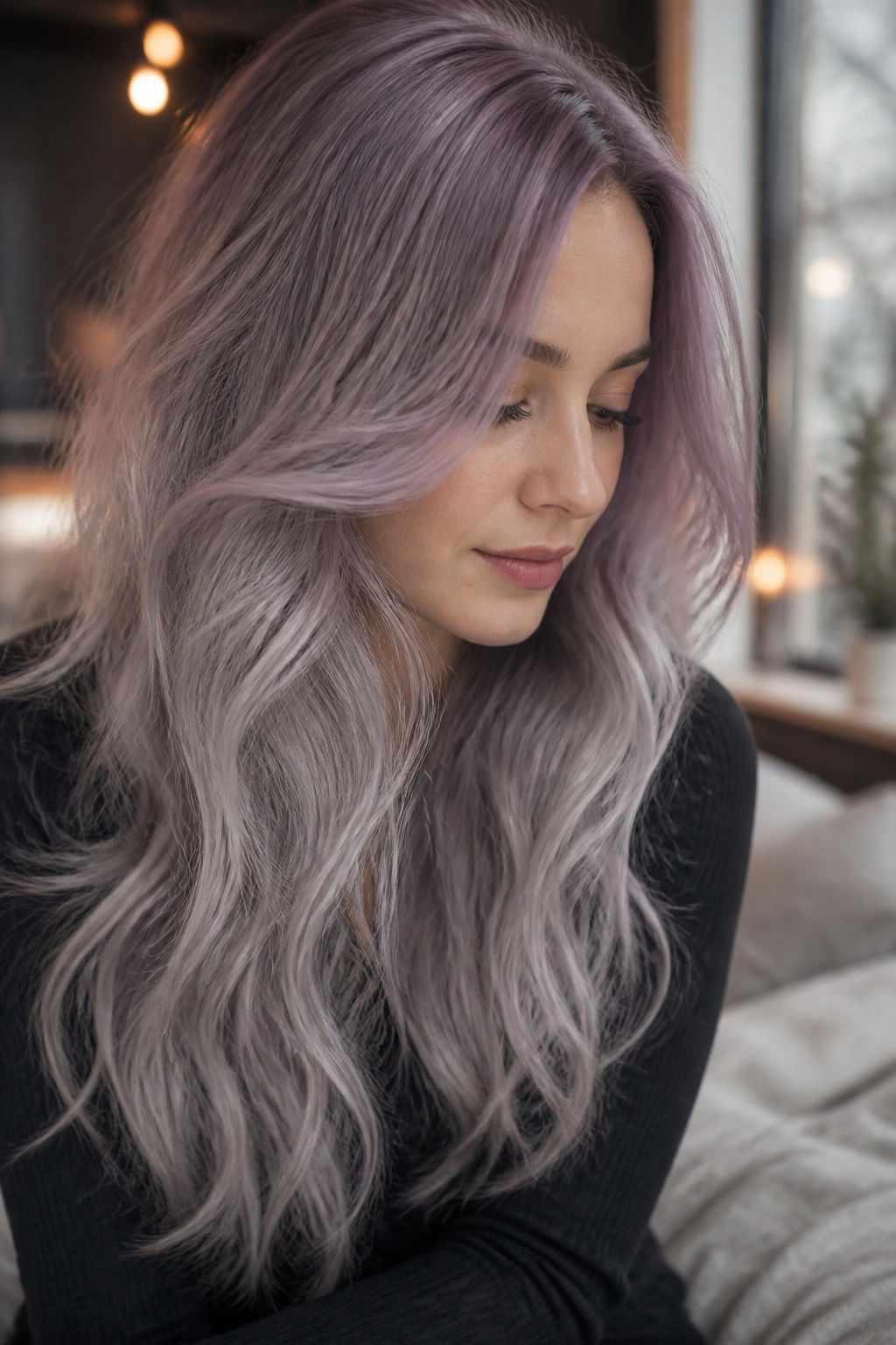 Close-up of long hair with dusty lavender melt transitioning to grey