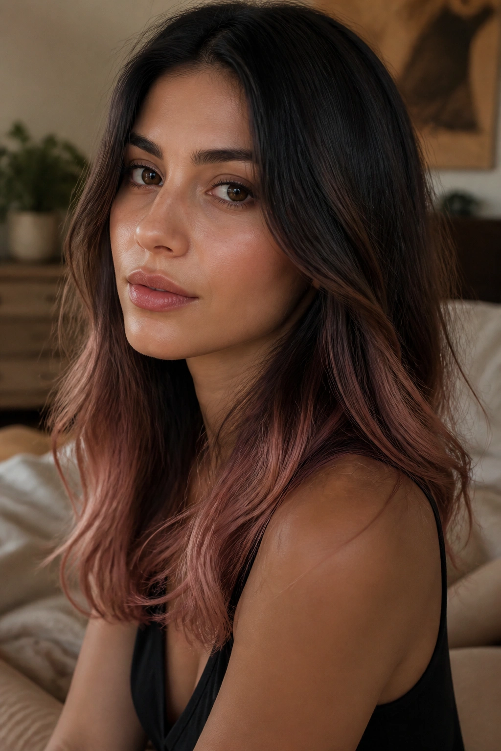 Close-up of a real woman with dusty rose brown hair in a cozy, sunlit room