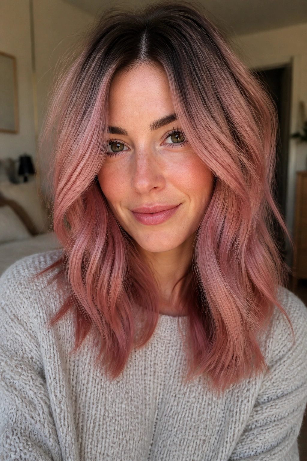 Close-up of dusty rose hair with soft root stretch on a real woman