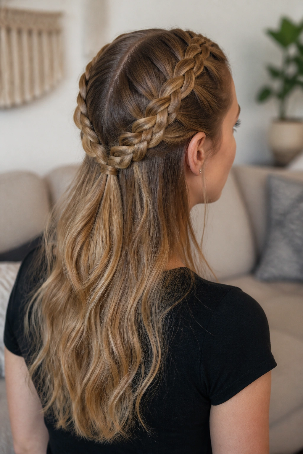 Portrait of a real woman with two Dutch braids meeting at the back.
