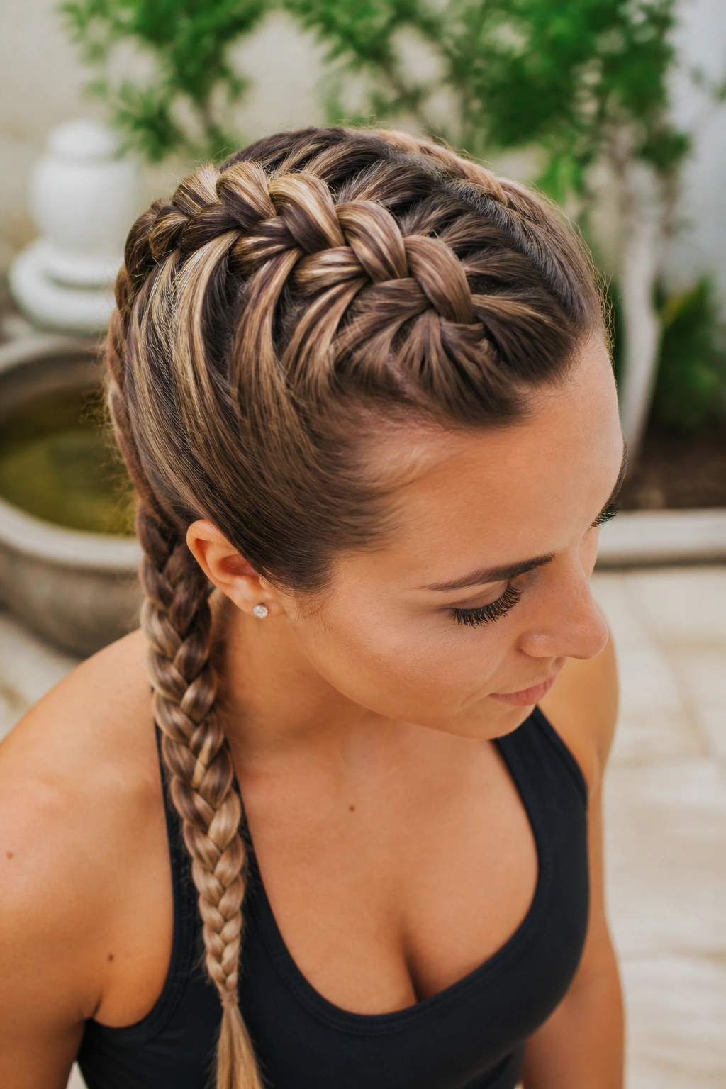 Close-up of a real woman wearing a Dutch braid on top of the head