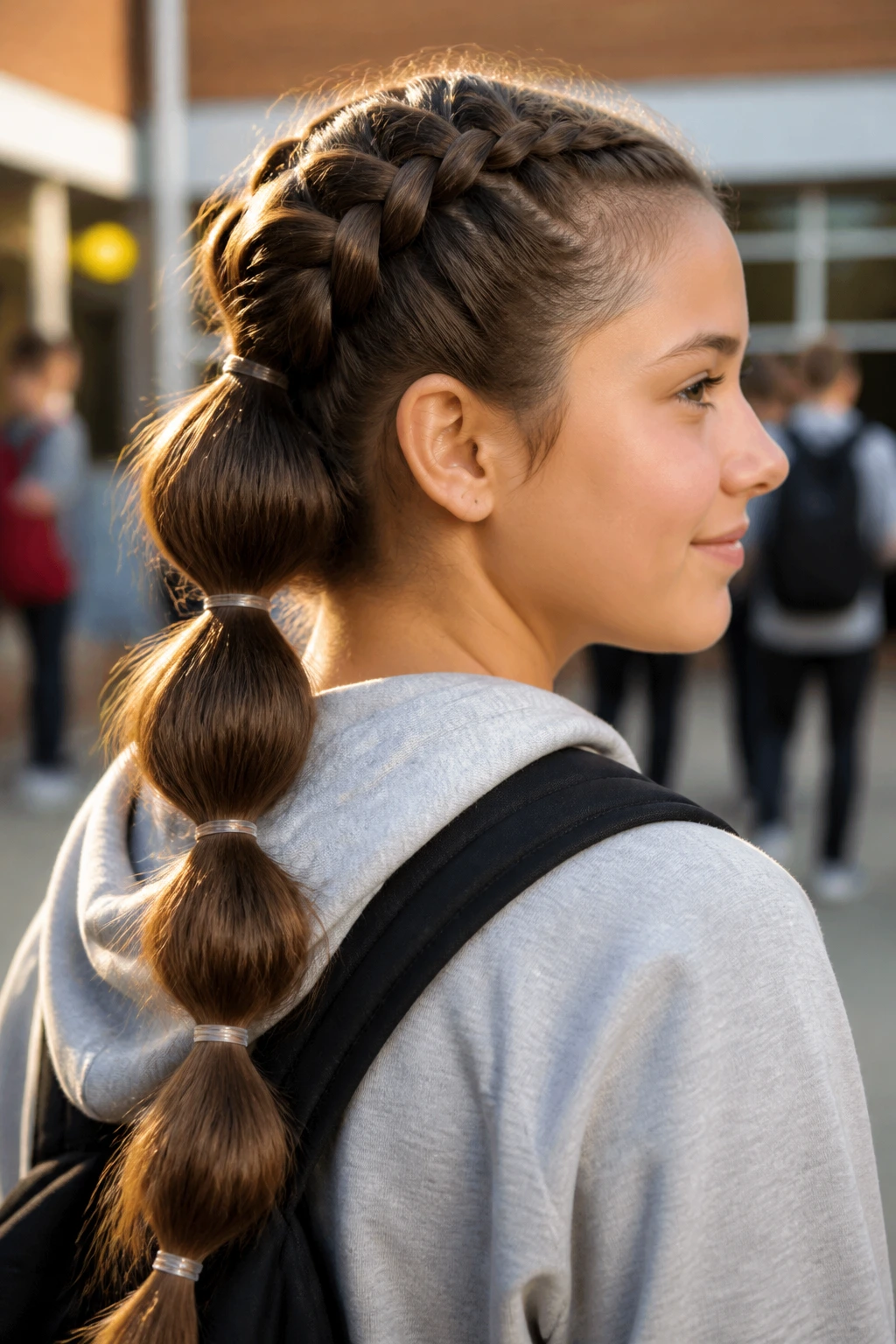 Student with Dutch braid leading to a bubble ponytail in a school setting