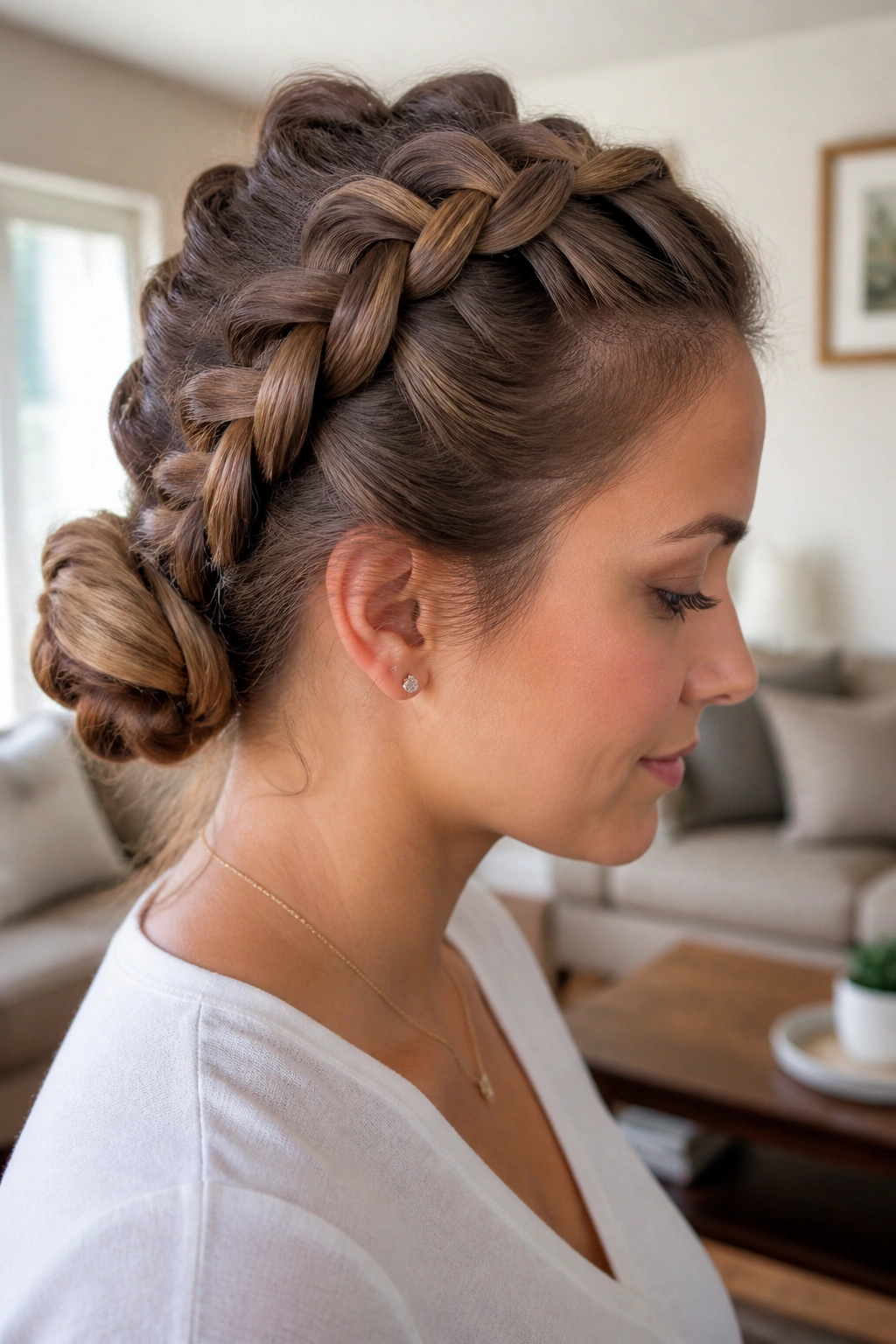 Close-up of a real woman showing a Dutch braid down to a bun at the nape