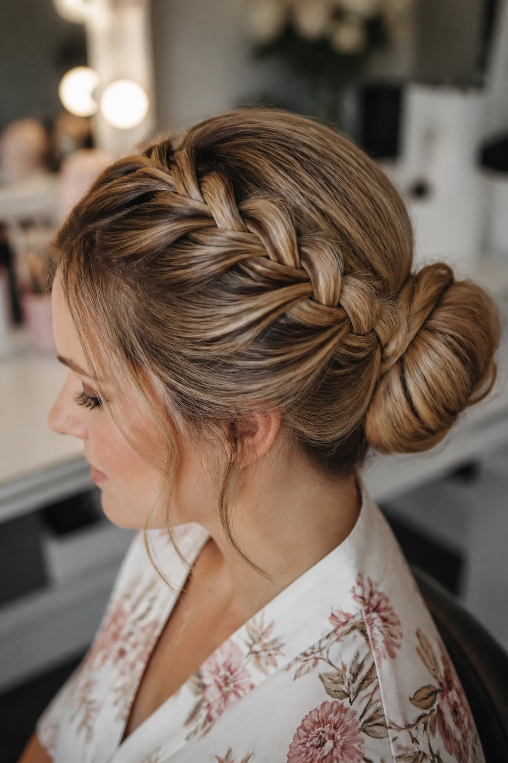 Real woman with a Dutch braid ending in a bun, braid ridge visible.