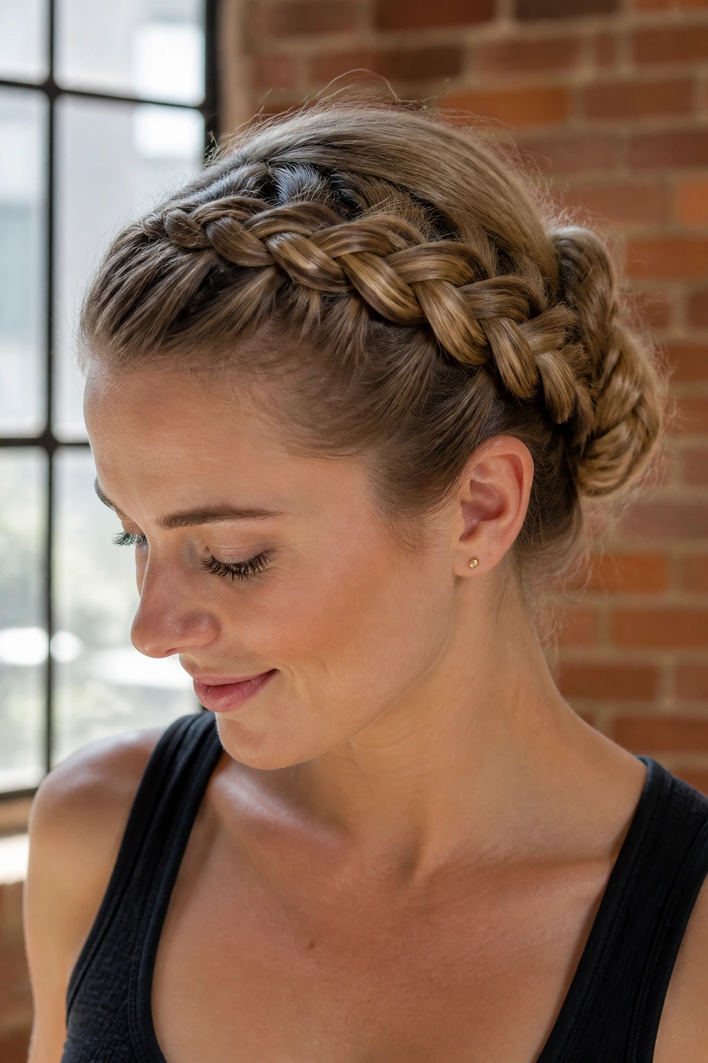 Portrait of a real woman showing a Dutch braid leading into a bun in an urban loft