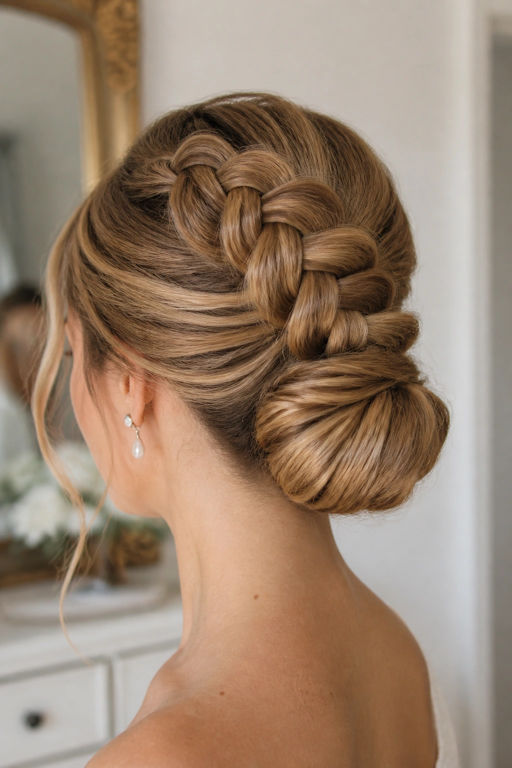 Close-up of real woman with Dutch-braid bun on padded base