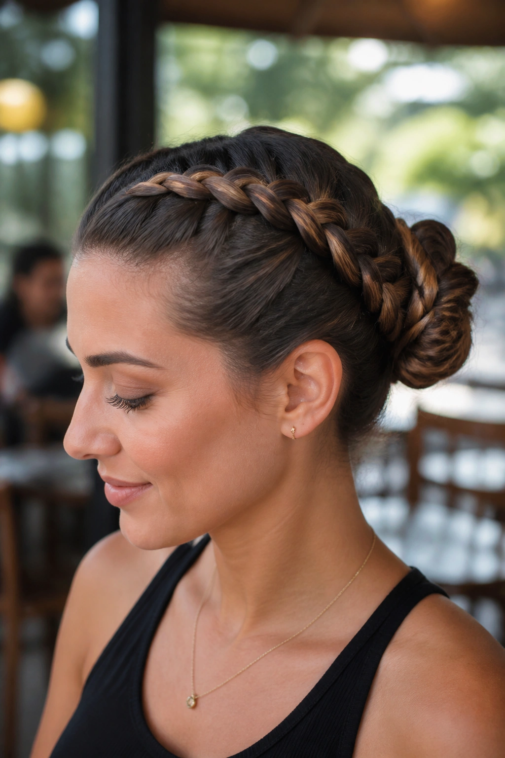 Close-up of a real woman with two Dutch braids forming a bun at the back.
