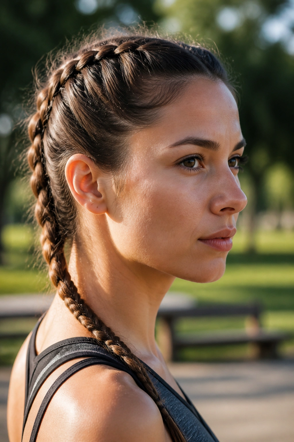 Close-up portrait of a real person with a Dutch braid along the scalp