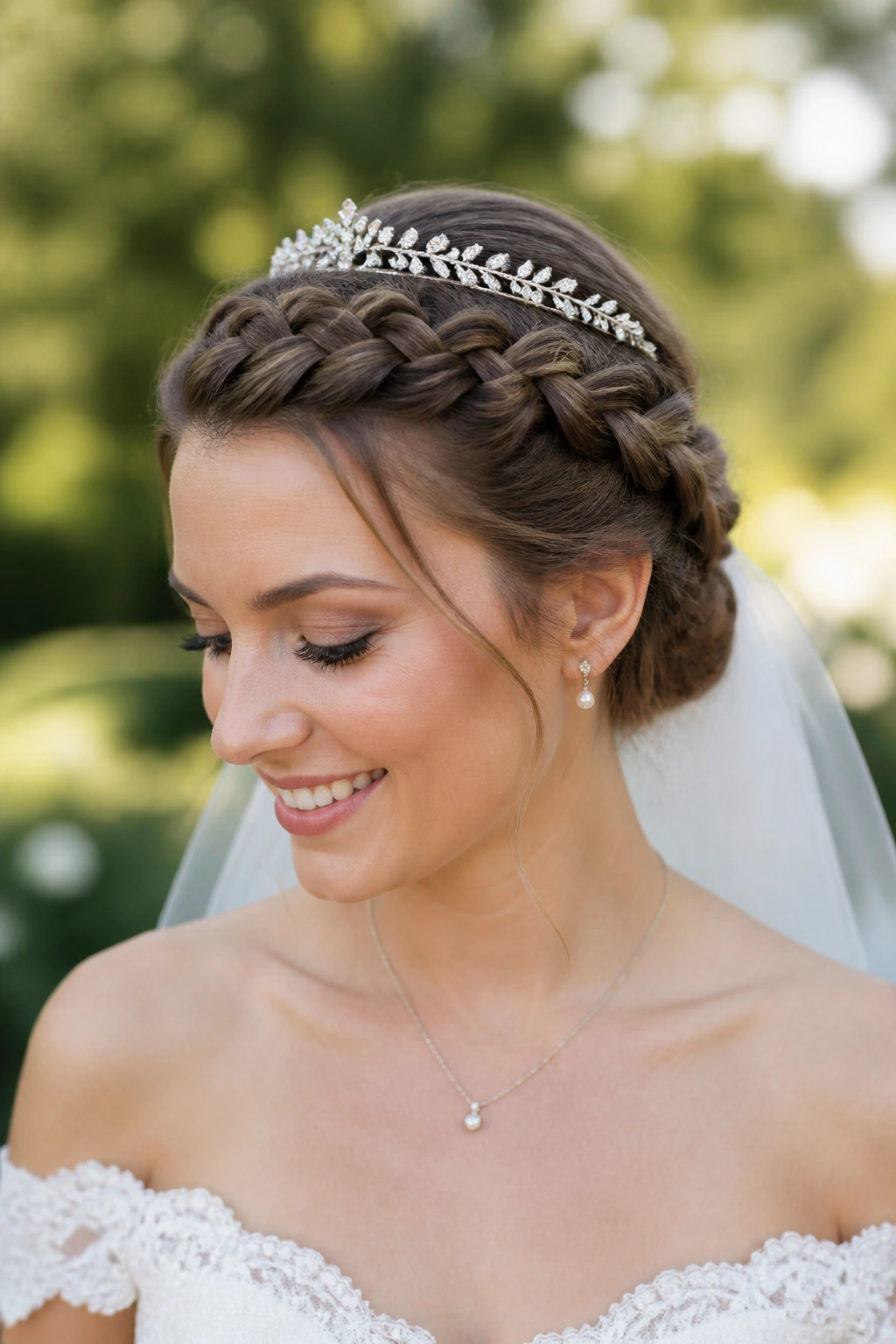 Bride with Dutch braid crown and low volume hair