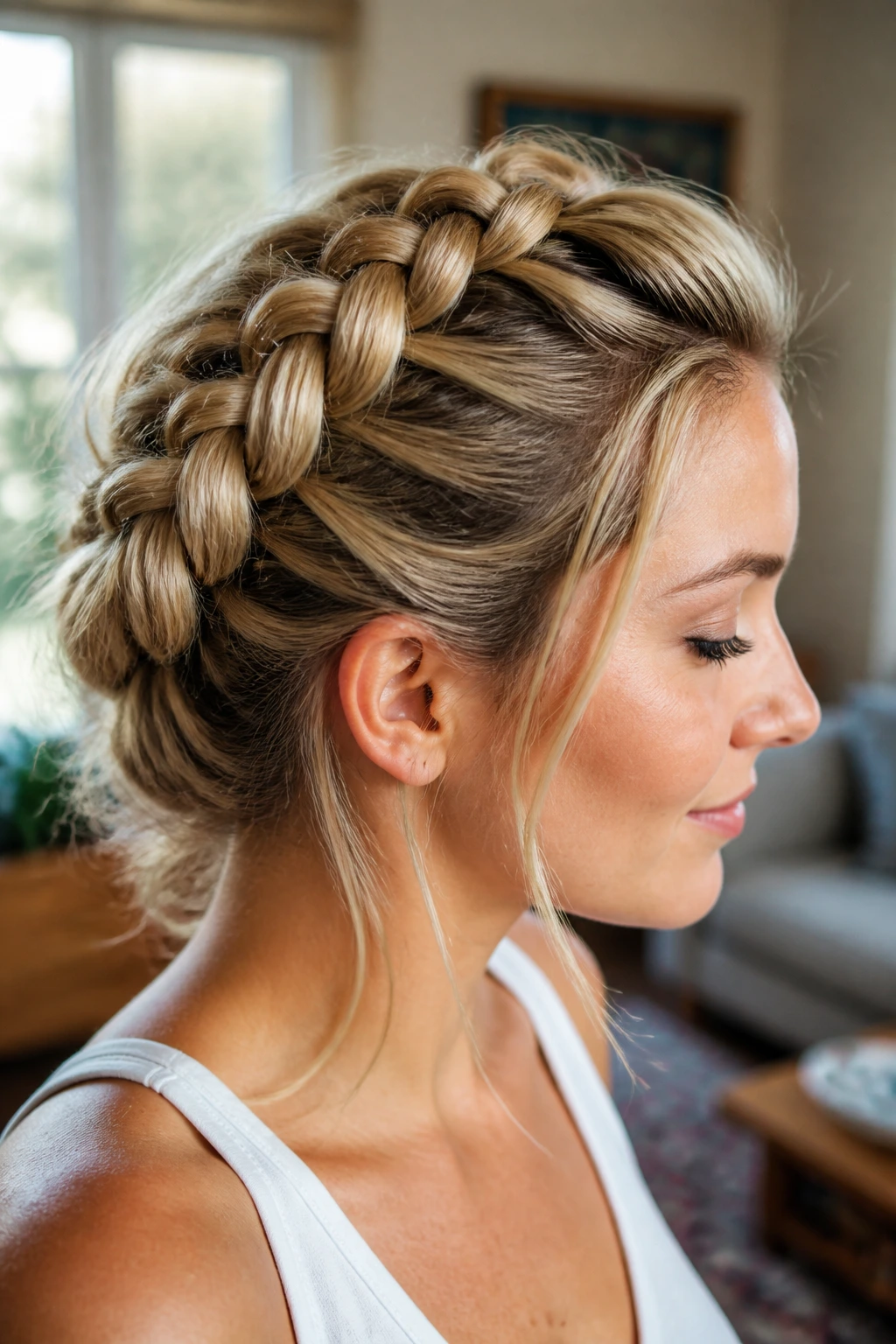 Side-profile of a woman with a Dutch braid on top of her hair