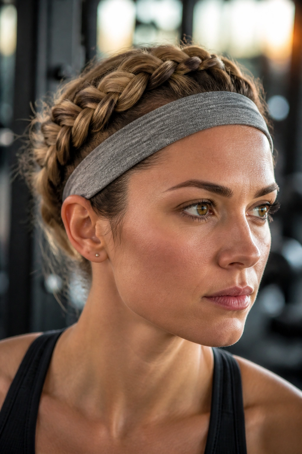 Close-up of a real woman with a Dutch braid crown and soft headband during a workout