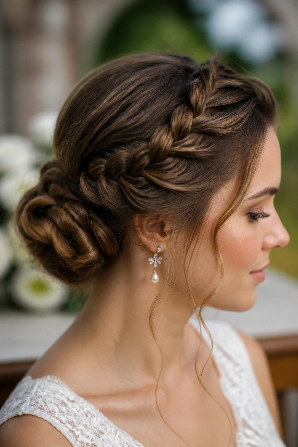Close-up of a real bride with a Dutch braid crown coiled into a low bun.