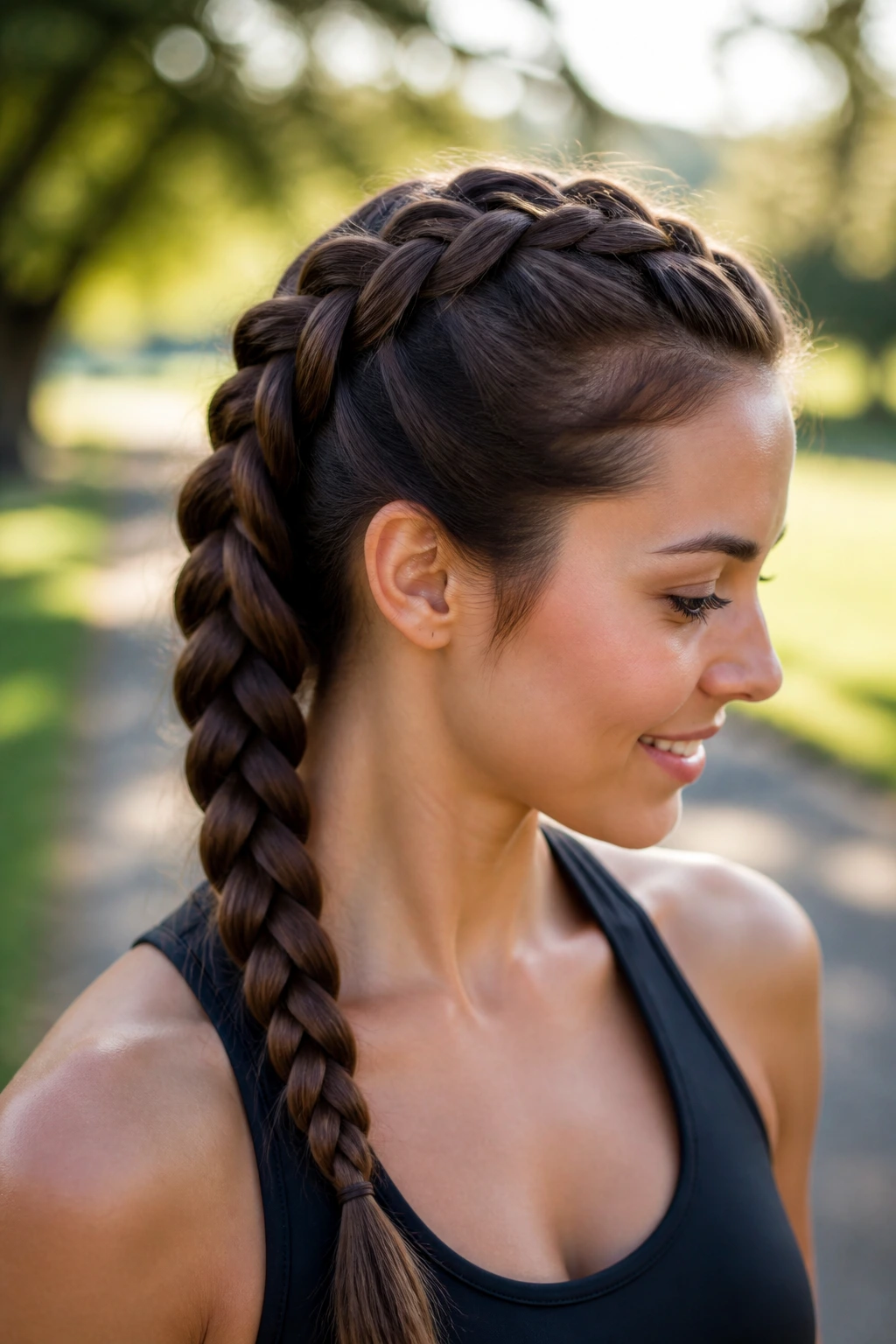 Close-up of a real woman showing a Dutch braid along the crown with extra grip.