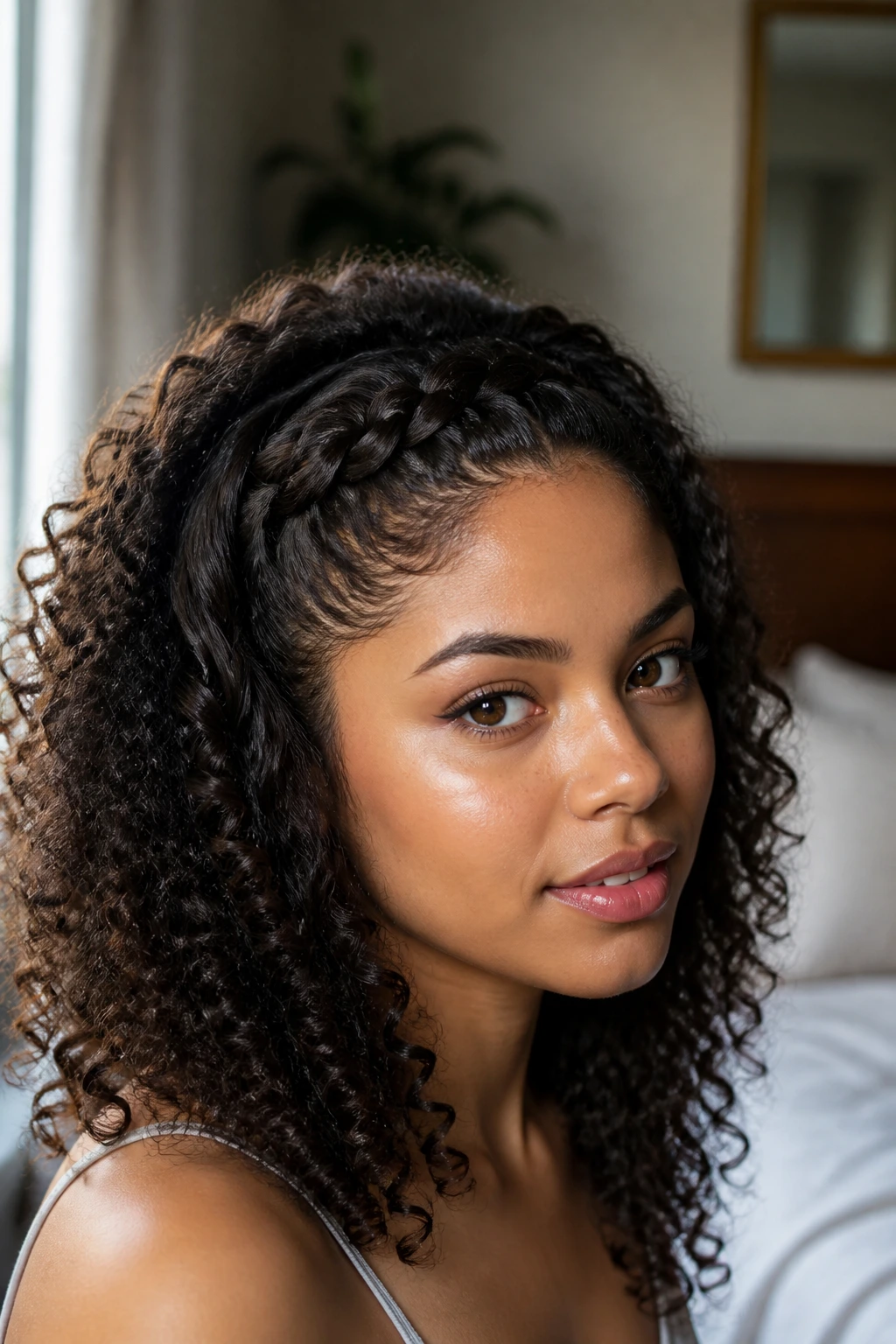 Close-up of real woman with Dutch braid at hairline and curly ends