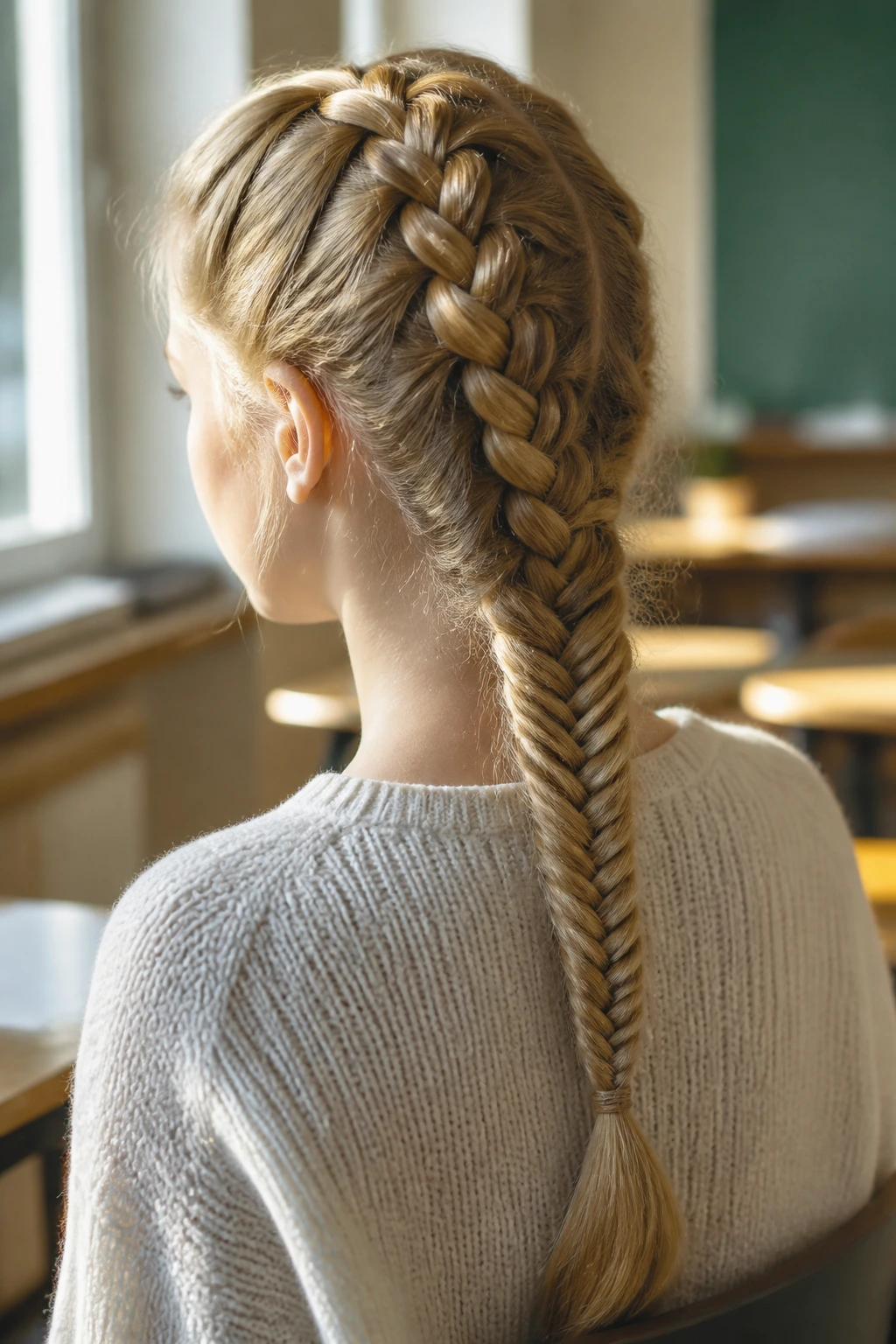 Close-up of a real person showing a Dutch braid transitioning into a fishtail braid at the ends