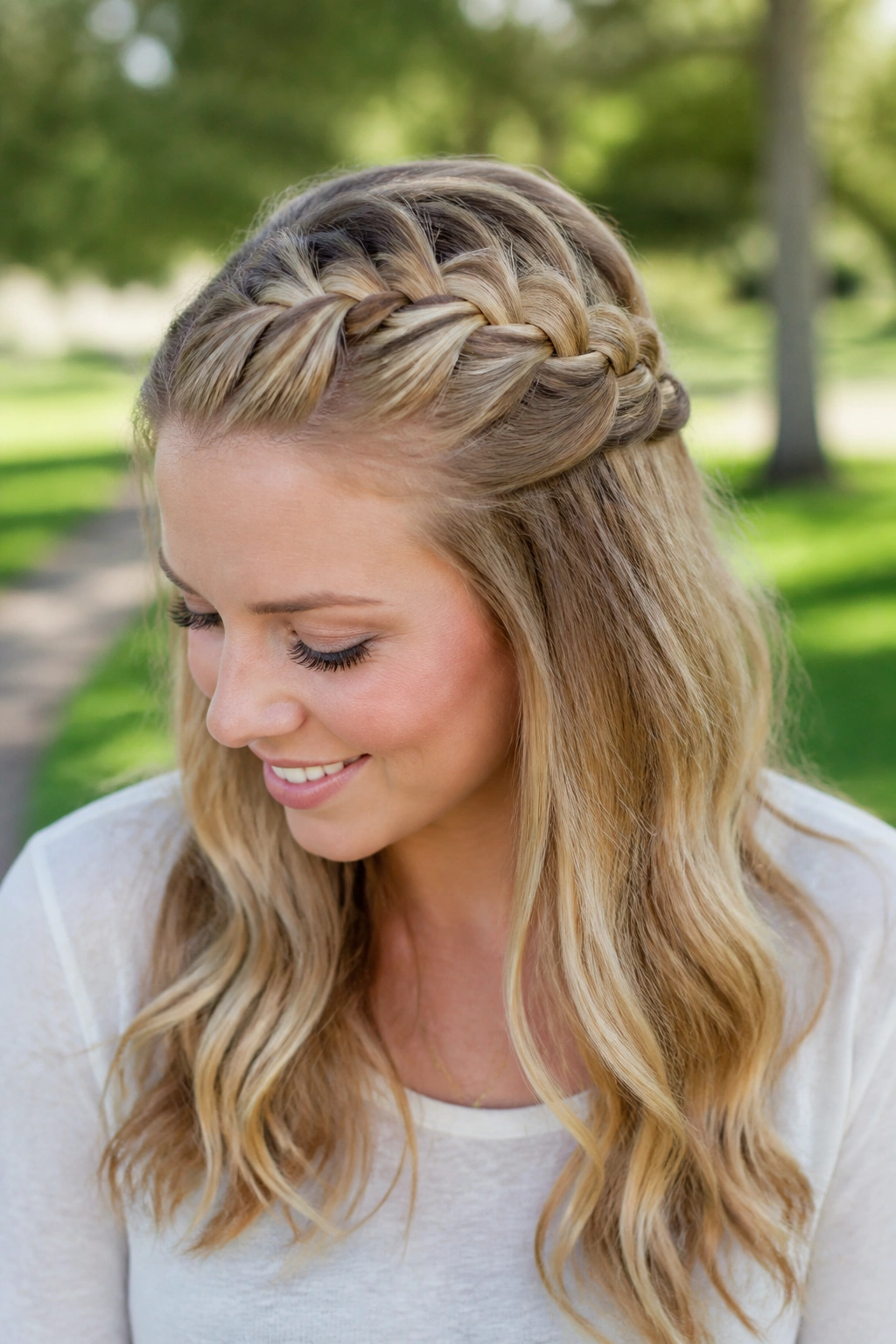 Close-up of a real woman with a Dutch braid at the crown and loose hair ends