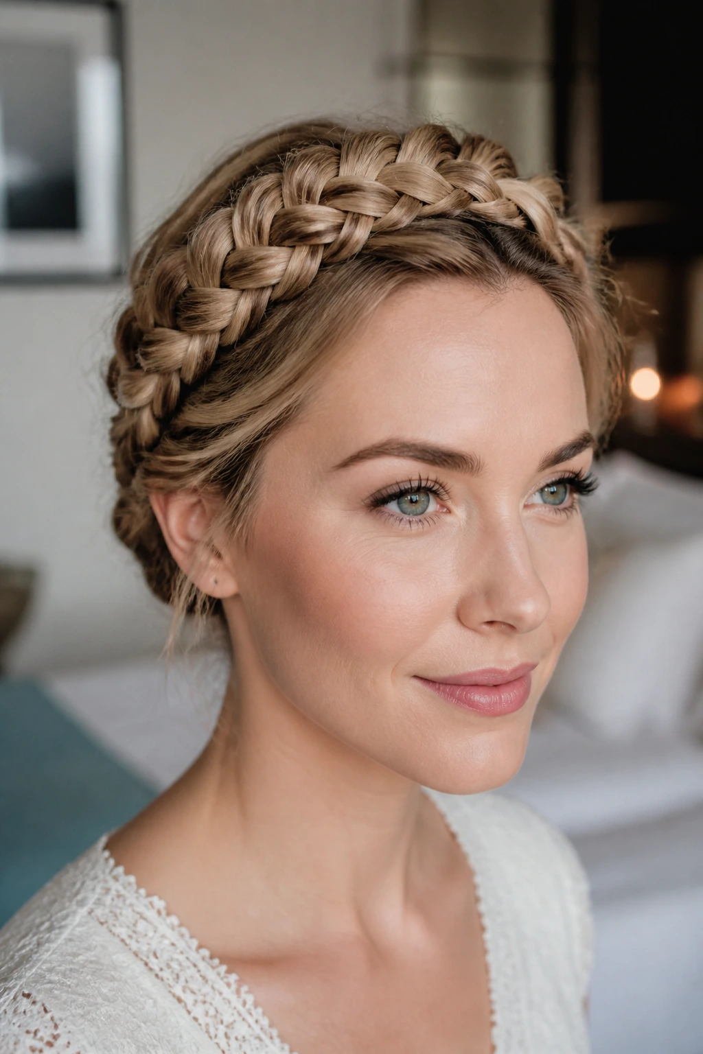 Close-up portrait of a real woman with a Dutch braid halo around the head.
