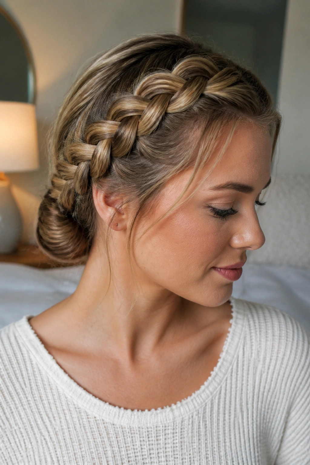 Close-up of a real woman with a low side Dutch braid along temple to nape in window-lit bedroom