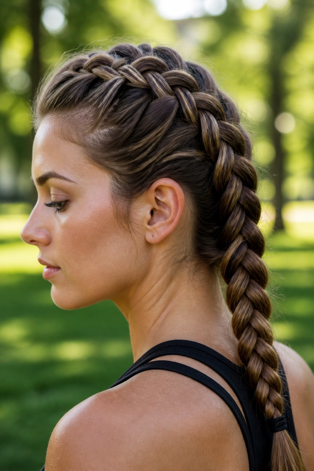 Close-up of a real woman with a Dutch braid on top of her head