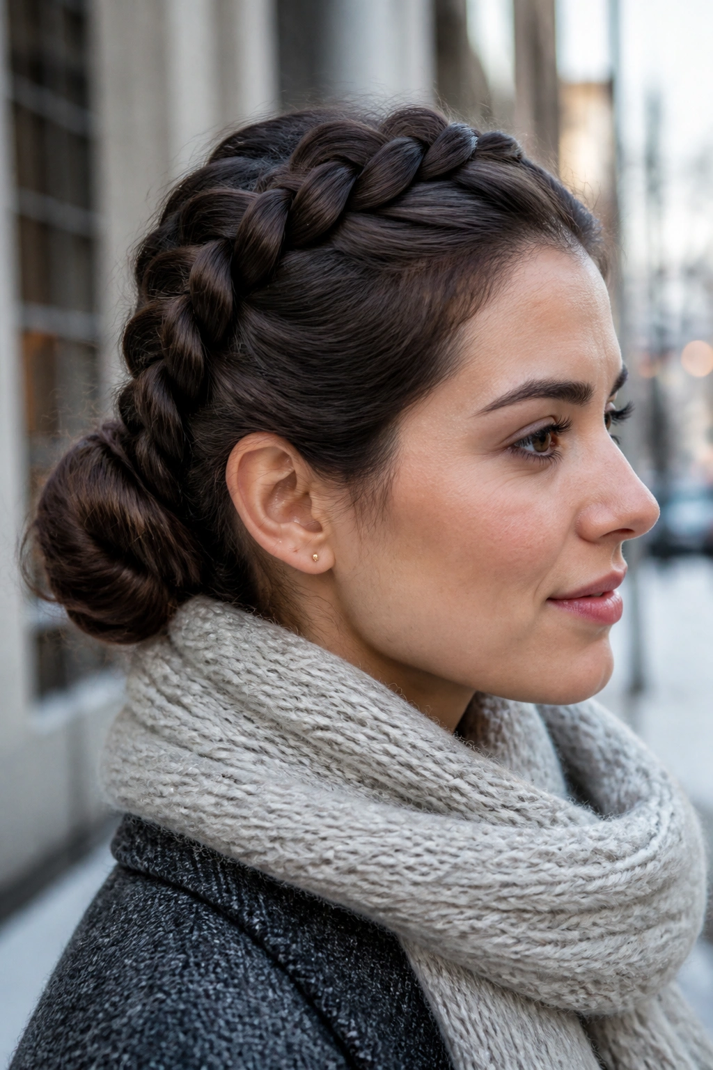 Brunette with Dutch braid leading to a low bun in daylight