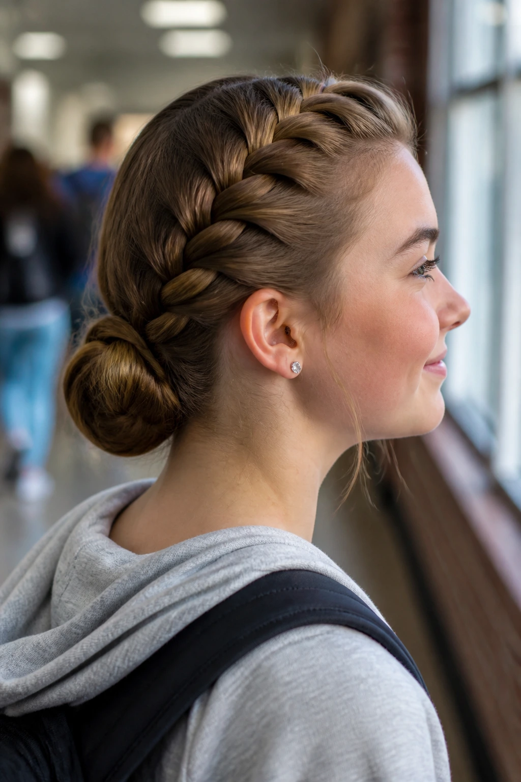 Close-up of a student with a Dutch braid leading into a low bun in a school hallway