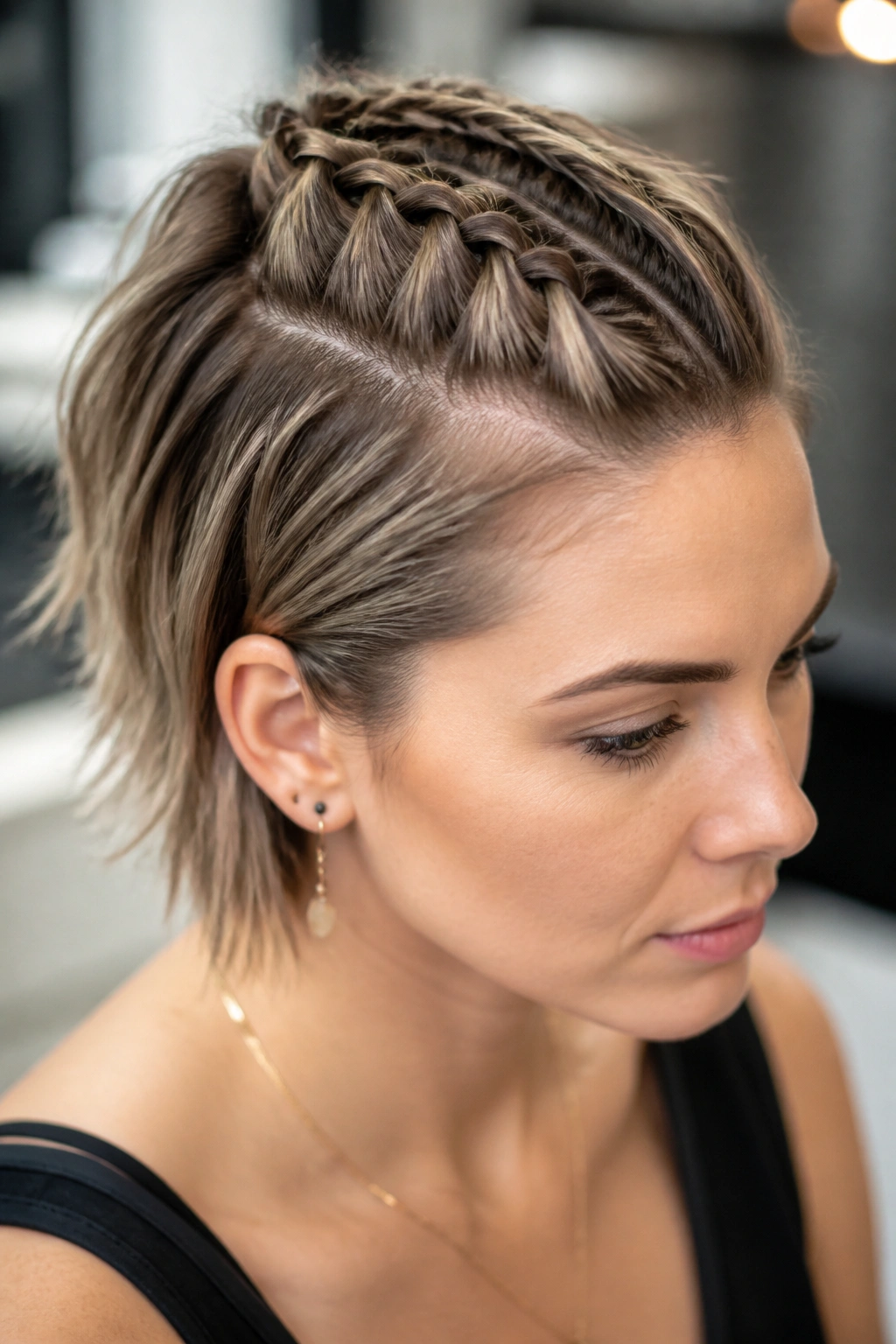 Close-up showing a center Dutch braid forming a mohawk on a real woman's short hair