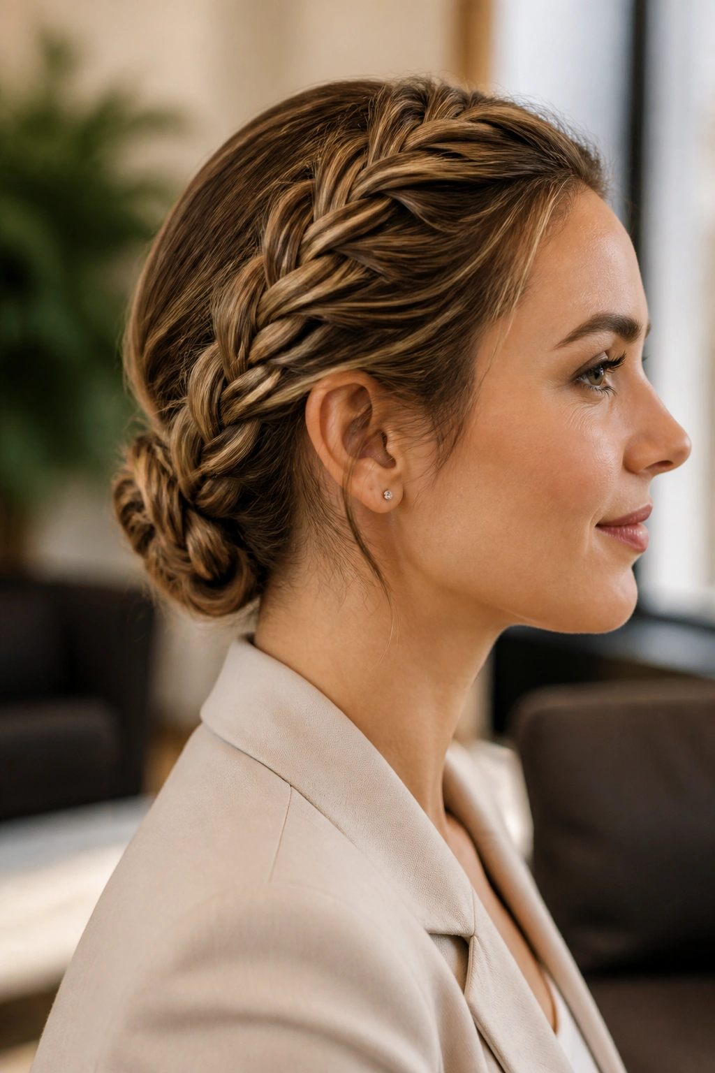 Close-up of a real woman with a Dutch braid near the nape in a calm cafe setting.