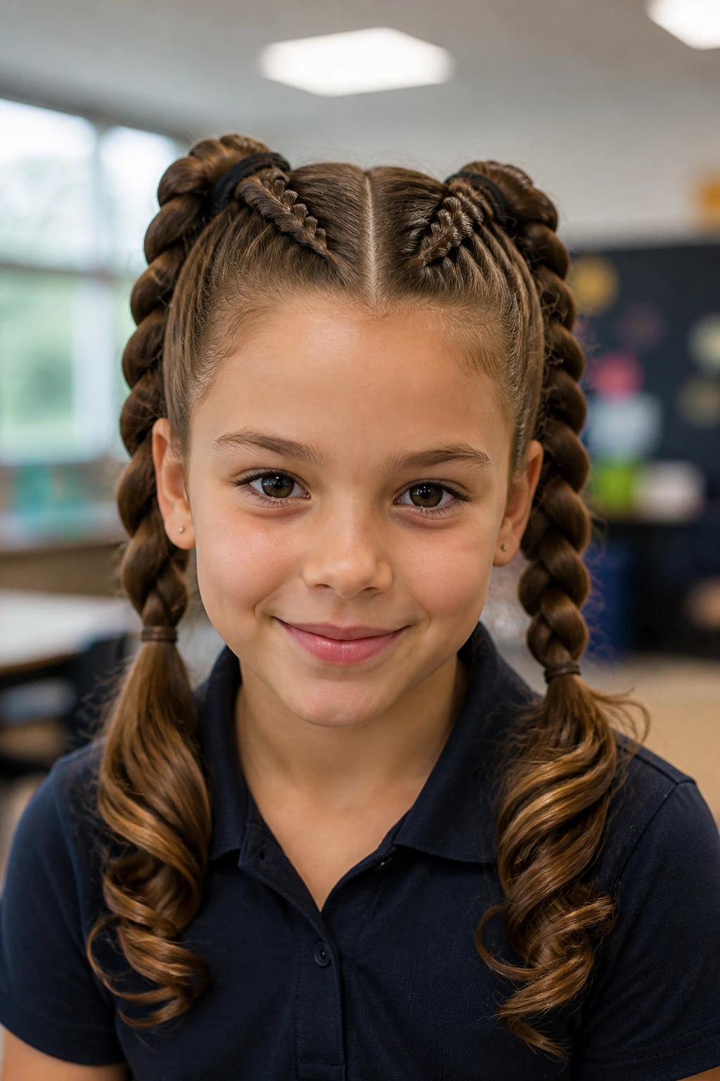 Student with Dutch braid pigtails and curled ends in a classroom