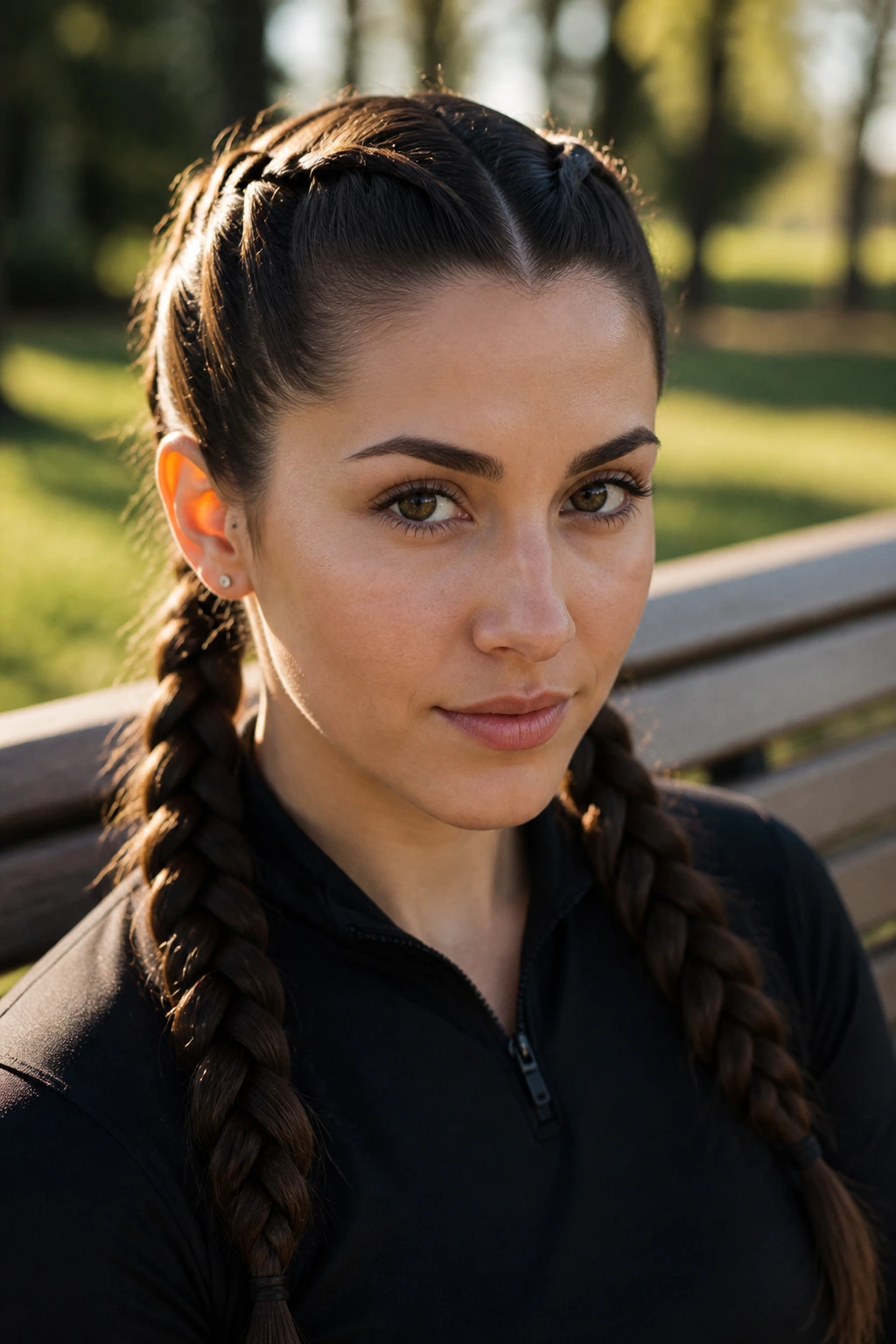 Close-up portrait of a woman with two Dutch braids into pigtails