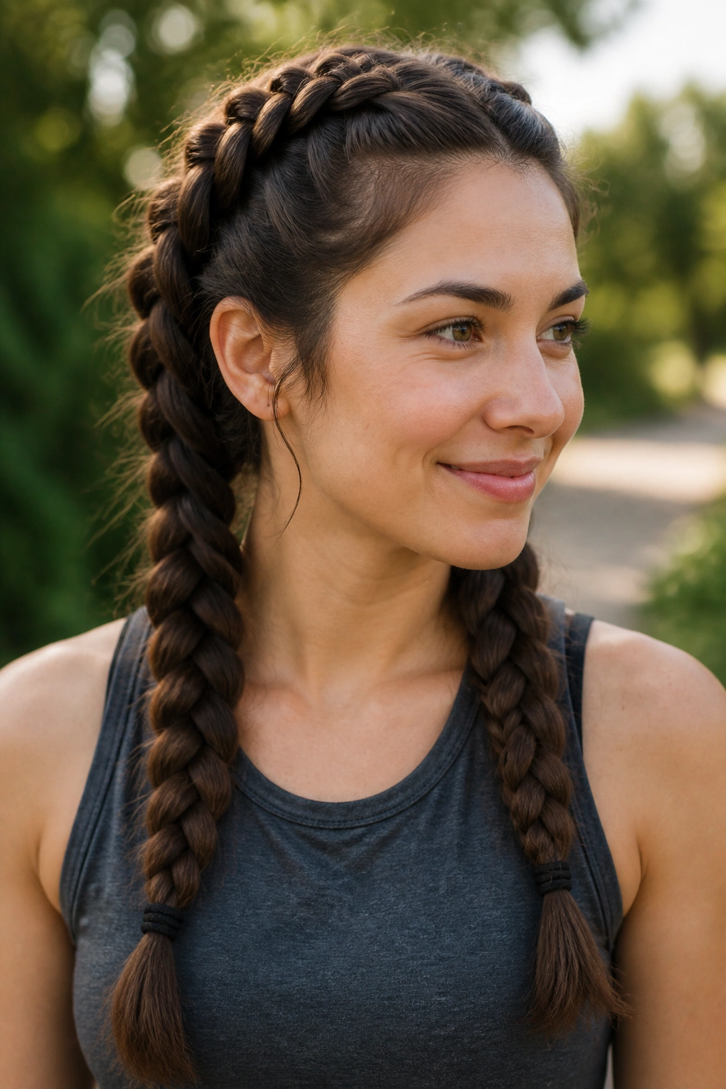 Medium close-up of a real woman with Dutch braid pigtails outdoors