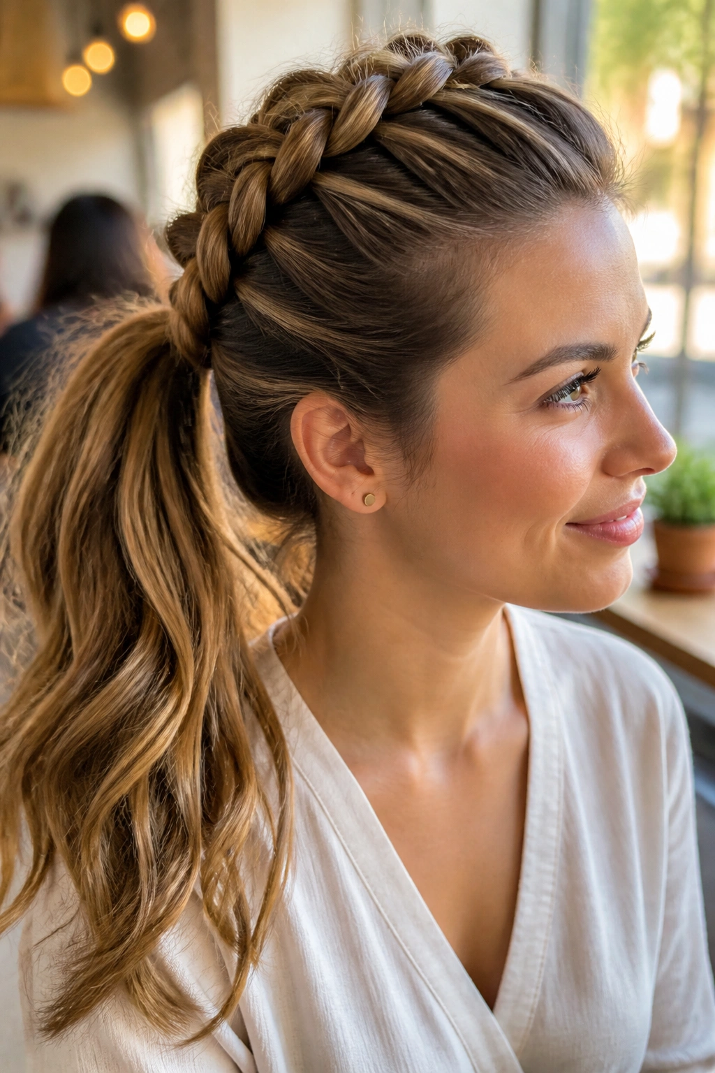 Real woman with a Dutch braid into a ponytail in a bright cafe setting