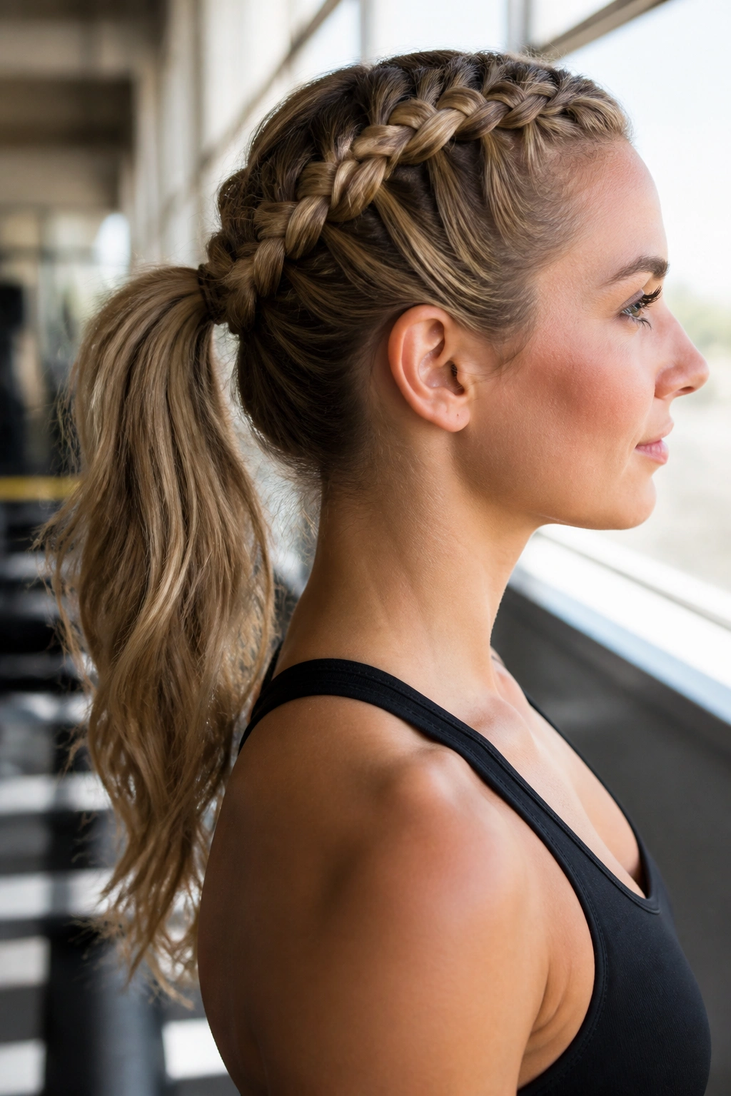 Profile of real woman with Dutch braid into a ponytail along the crown