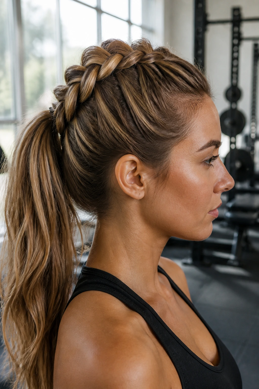 Close-up real woman with Dutch braid leading to ponytail in gym light