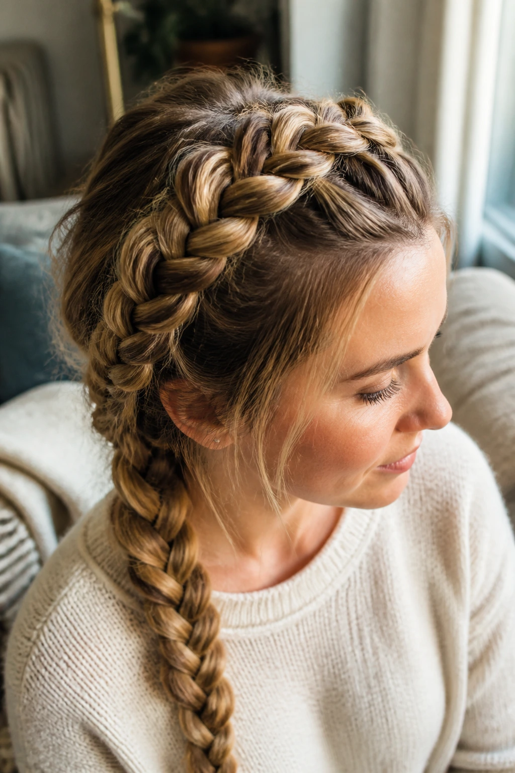 Close-up headshot of a real person with a Dutch Braid With a Raised Pattern on top of the head