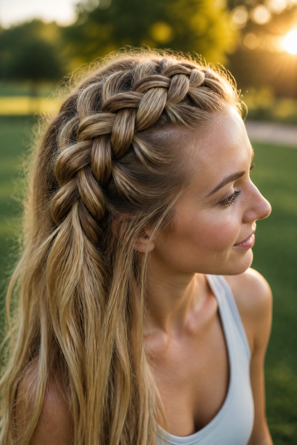 Close-up of a real woman with a raised Dutch braid on top of the head