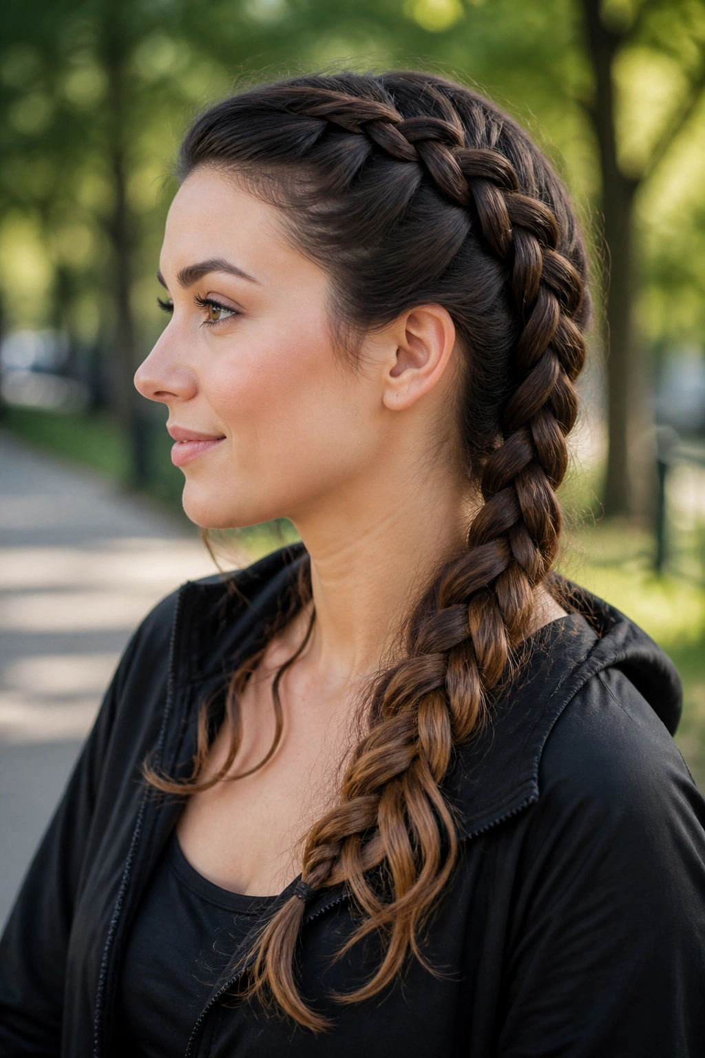 Close-up of a real woman with a Dutch braid to one side.