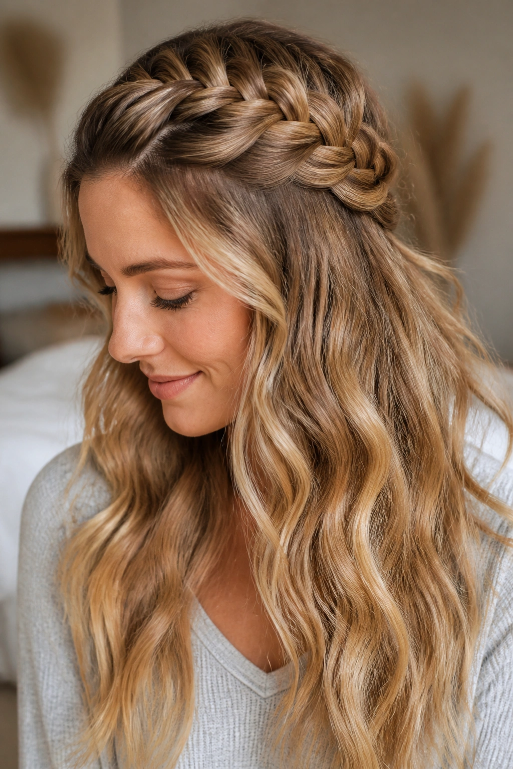 Close-up of real woman with crown Dutch braid and loose waves