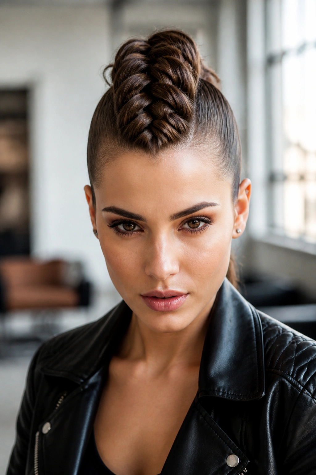 Close-up of a real woman with a Dutch braided mohawk hairstyle