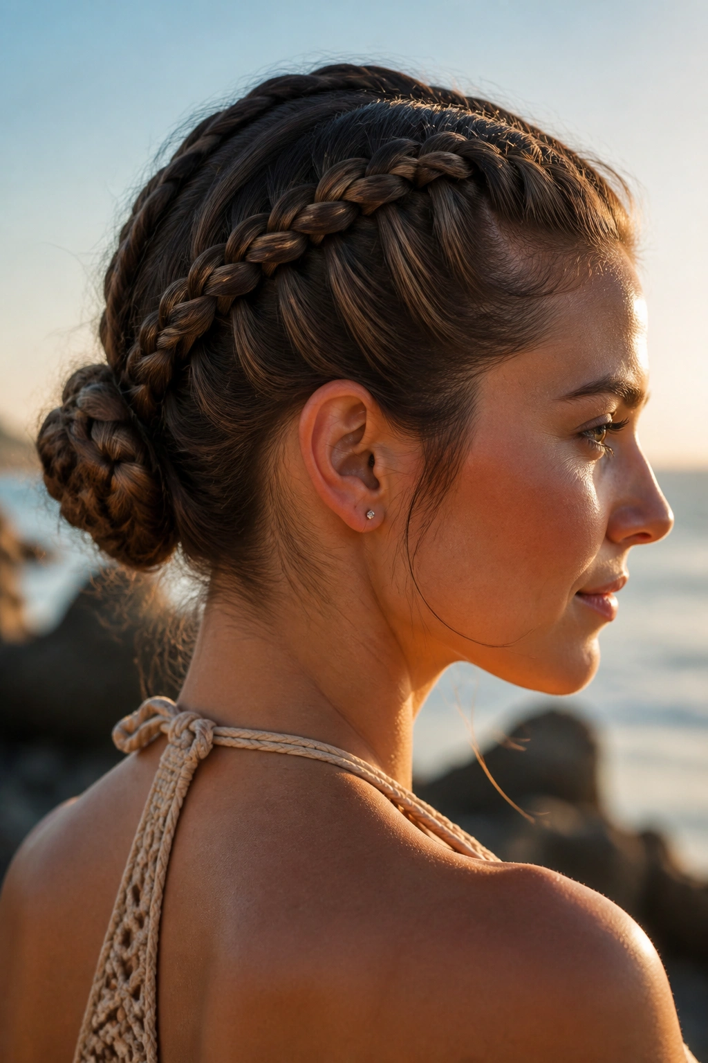 Close-up of a real person with Double Dutch Braids Into a Bun on a sunlit beach, wind-tousled.