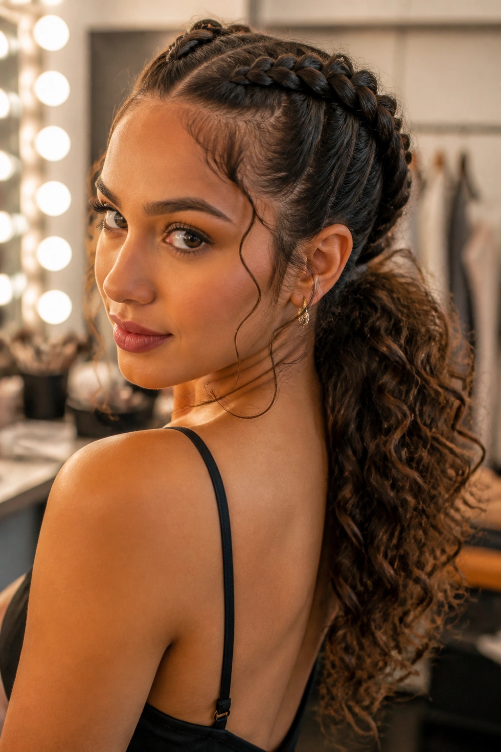 Close-up of a real woman with Dutch braids into a curly ponytail