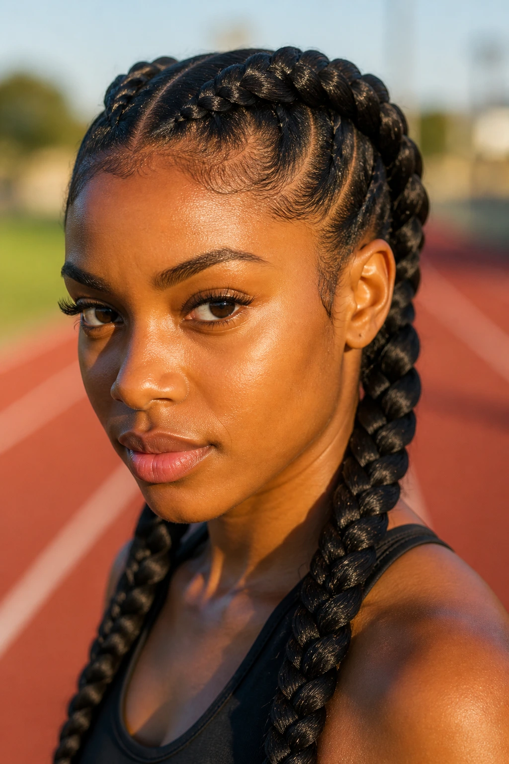 Close-up of a real woman with two thick Dutch braids with extensions outdoors on a track