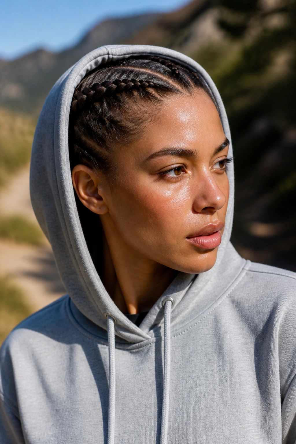 Real person with Dutch braids hugging the head under hoodie
