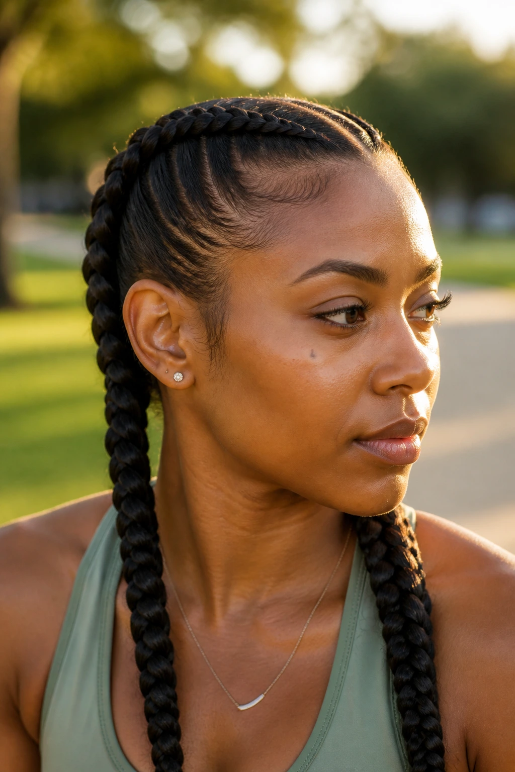 Real woman with two Dutch braids in a park during golden hour