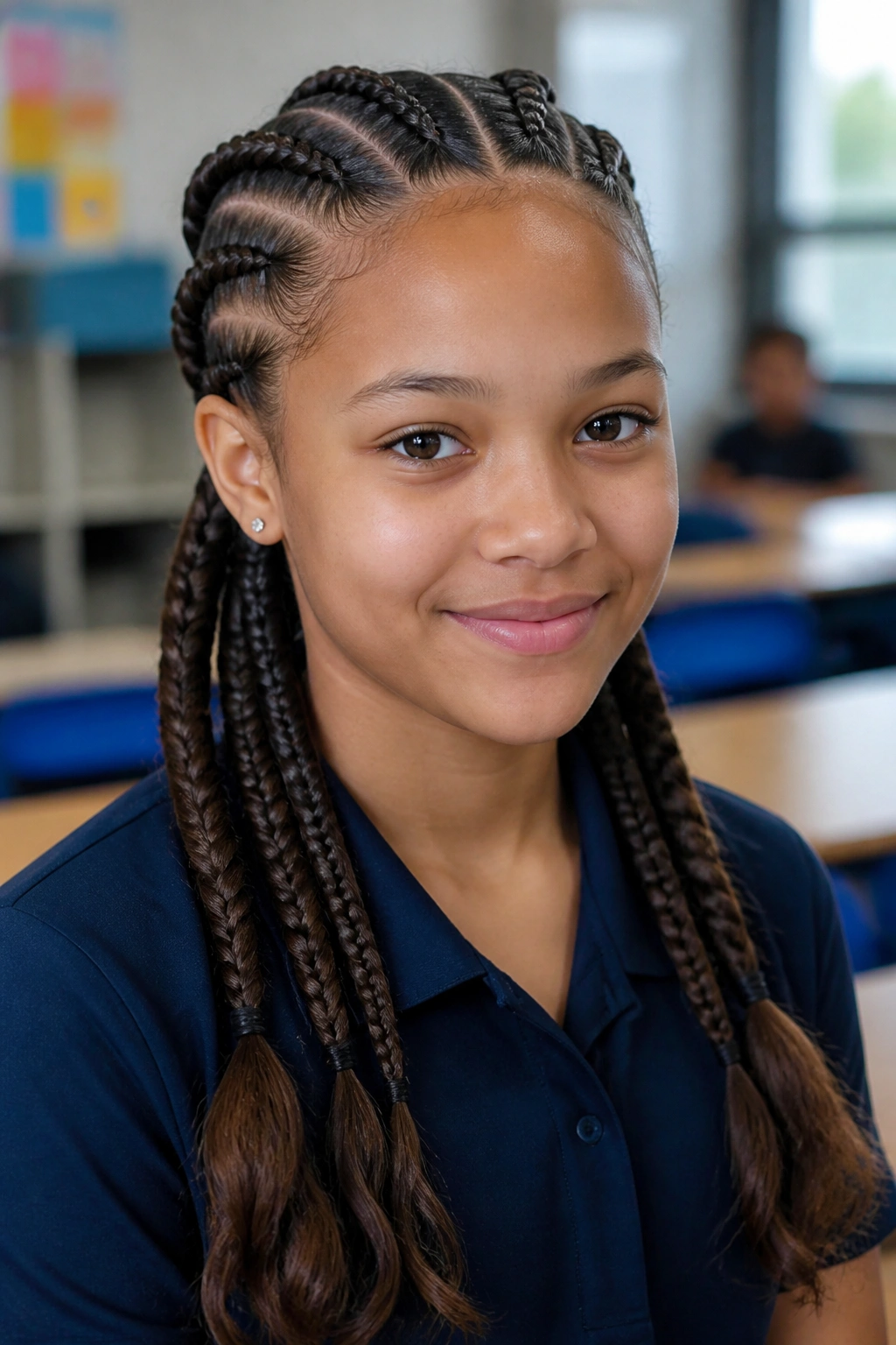 Real girl with four Dutch braids with loose ends in a classroom