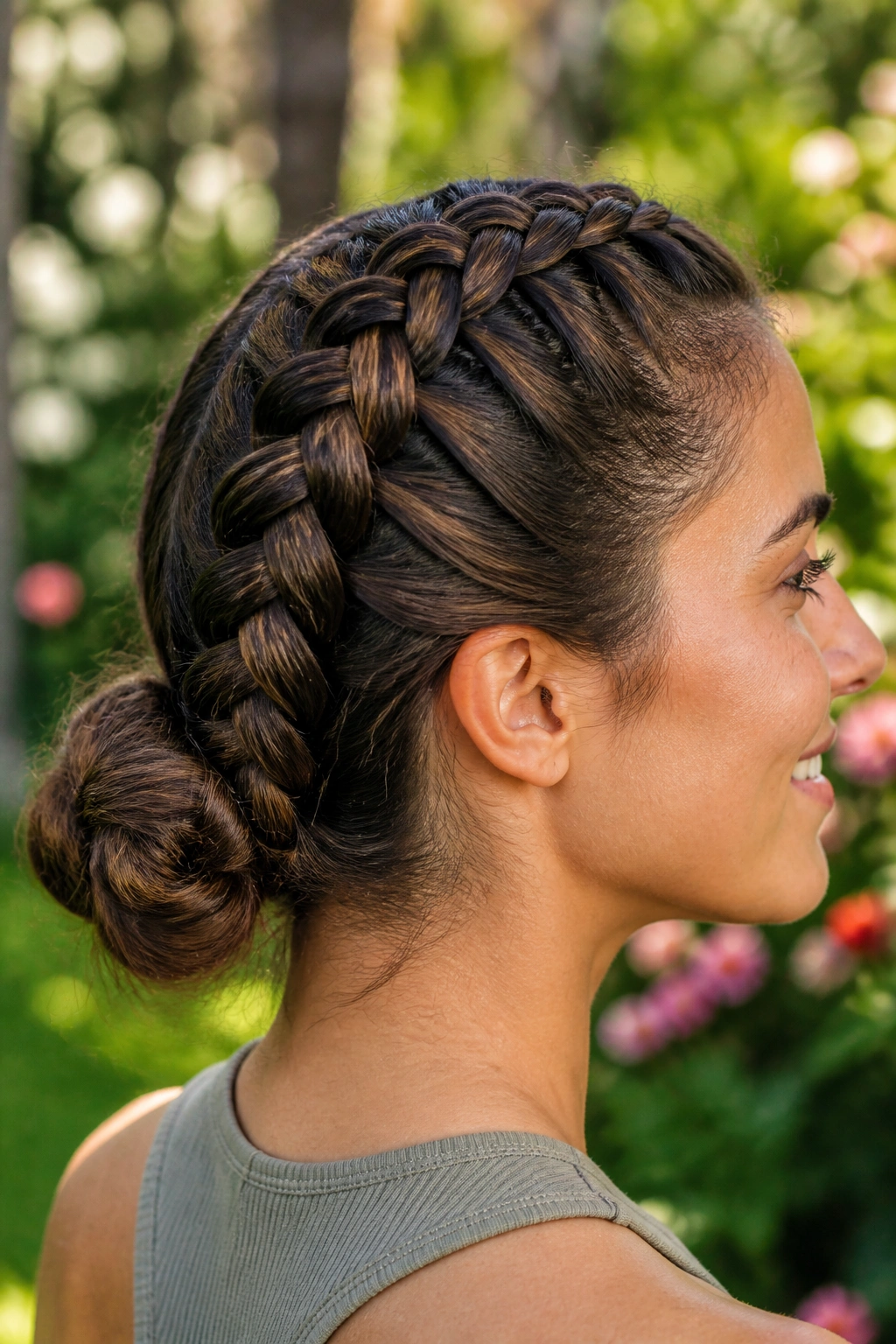 Real woman with two Dutch braids feeding into a low bun in a sunny garden