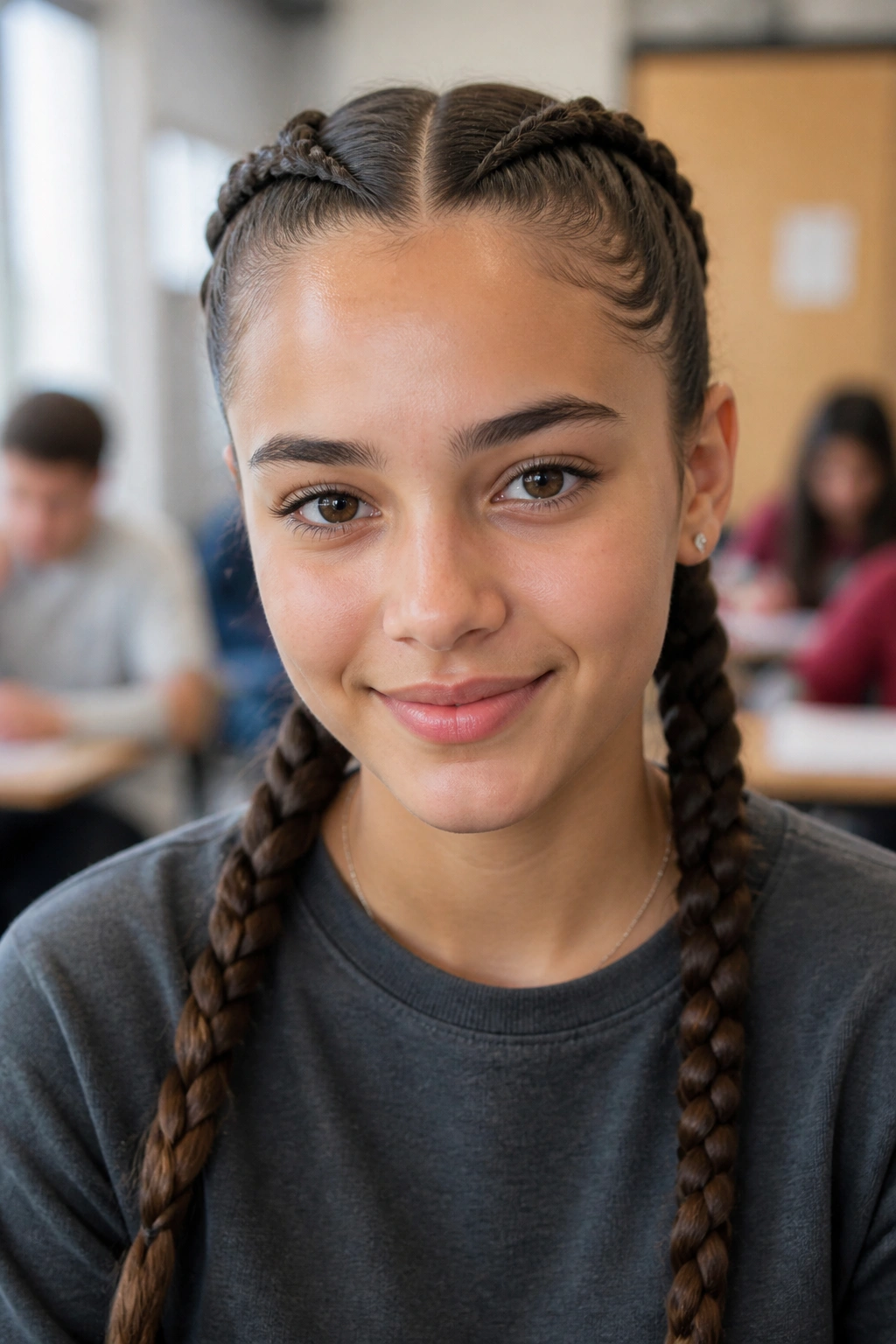 Teen girl with center-part Dutch braids in front portrait