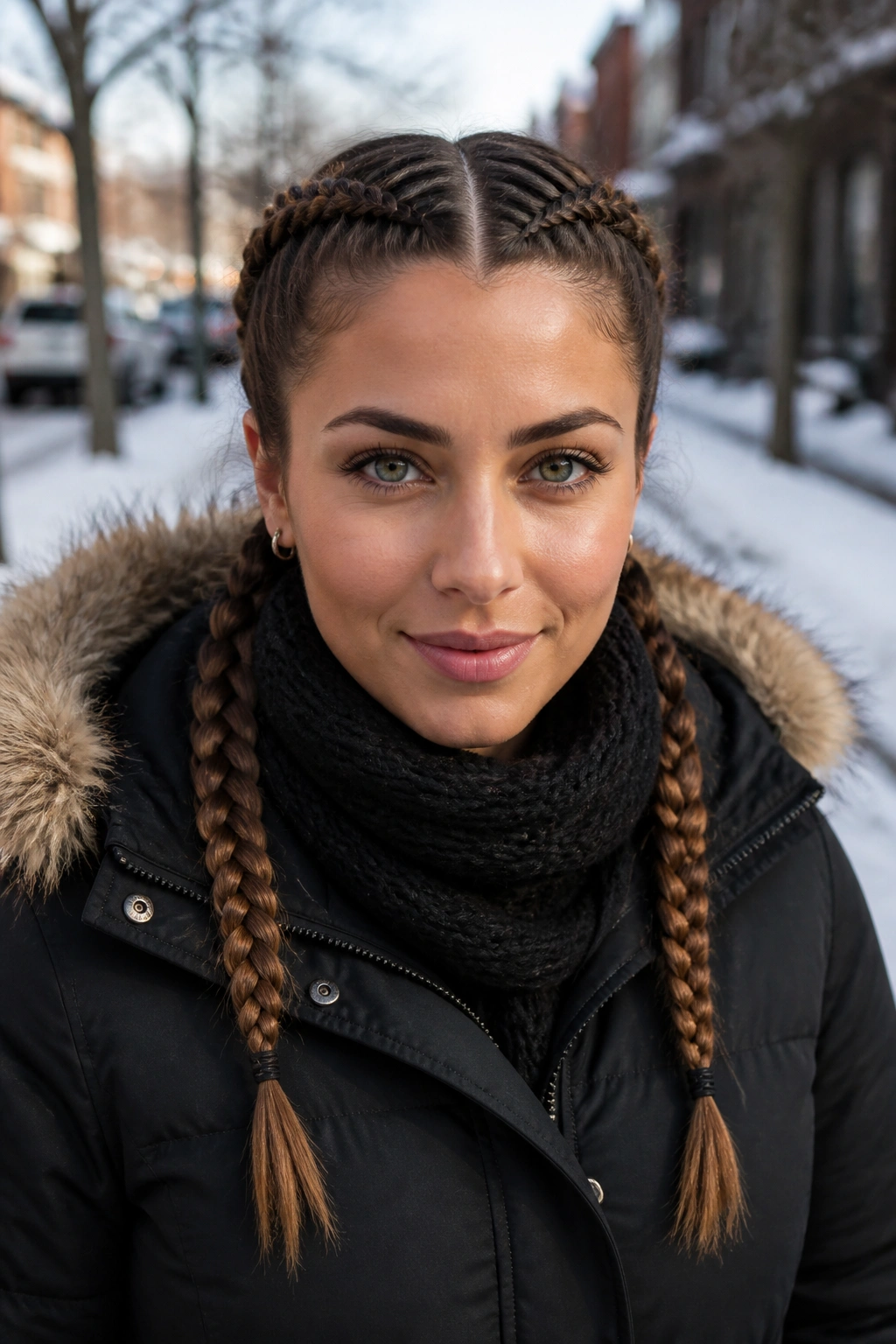 Front view of a person with two Dutch braids along the scalp